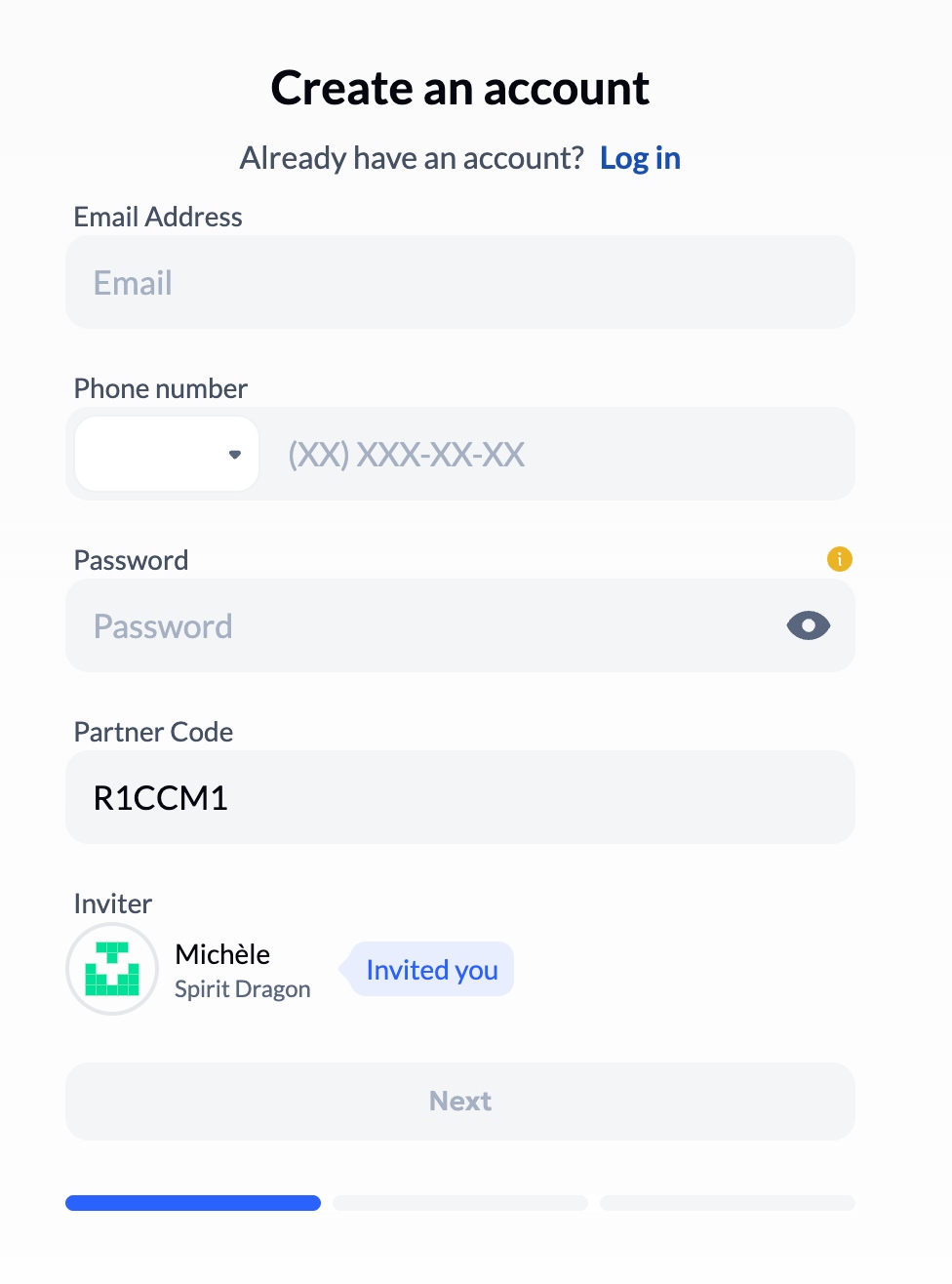 Aurum sign-up form showing invite code CRR50Y and Michèle as inviter