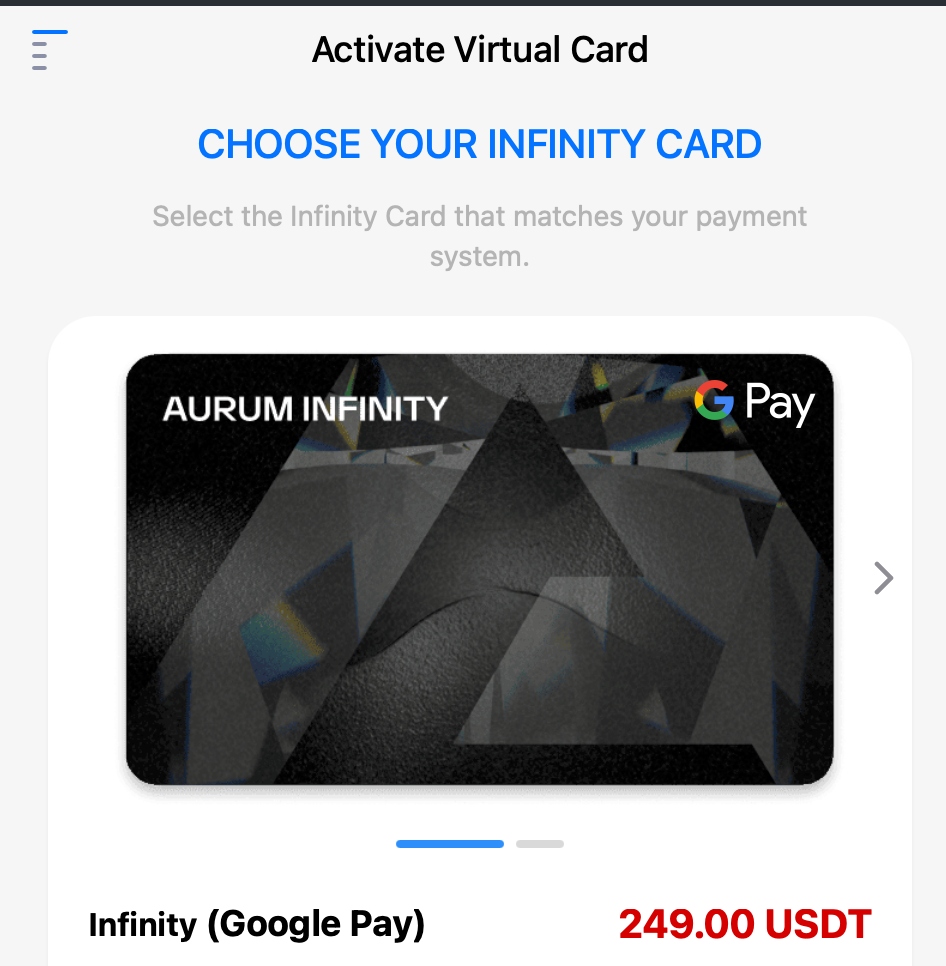 Activate Virtual Card screen showing Aurum Infinity Google Pay option